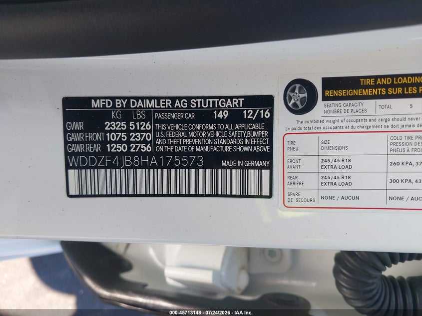 2017 Mercedes-benz E-klasse VIN WDDZF4JB8HA175573 IAAI salvage auction — FRONT END, Wait Title, sold $5,550 on 2026-08-07 (photo 9)