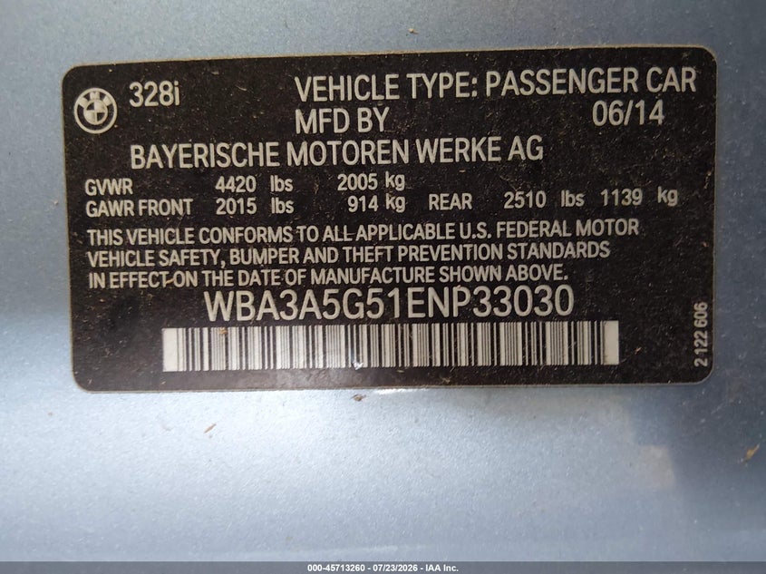 2014 BMW 3er VIN WBA3A5G51ENP33030 IAAI salvage auction — NORMAL WEAR, Clear-Dealer Only (Arizona), sold $25 on 2026-07-28 (photo 9)