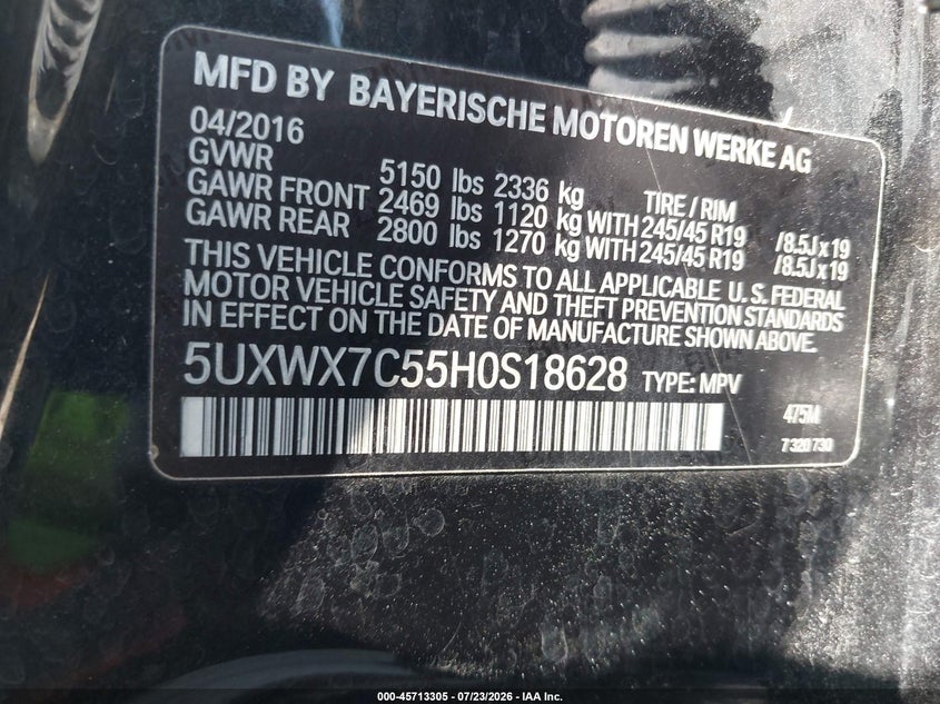 2017 BMW X3 VIN 5UXWX7C55H0S18628 IAAI salvage auction — MECHANICAL, Clear (Indiana), sold $2,850 on 2026-07-29 (photo 9)