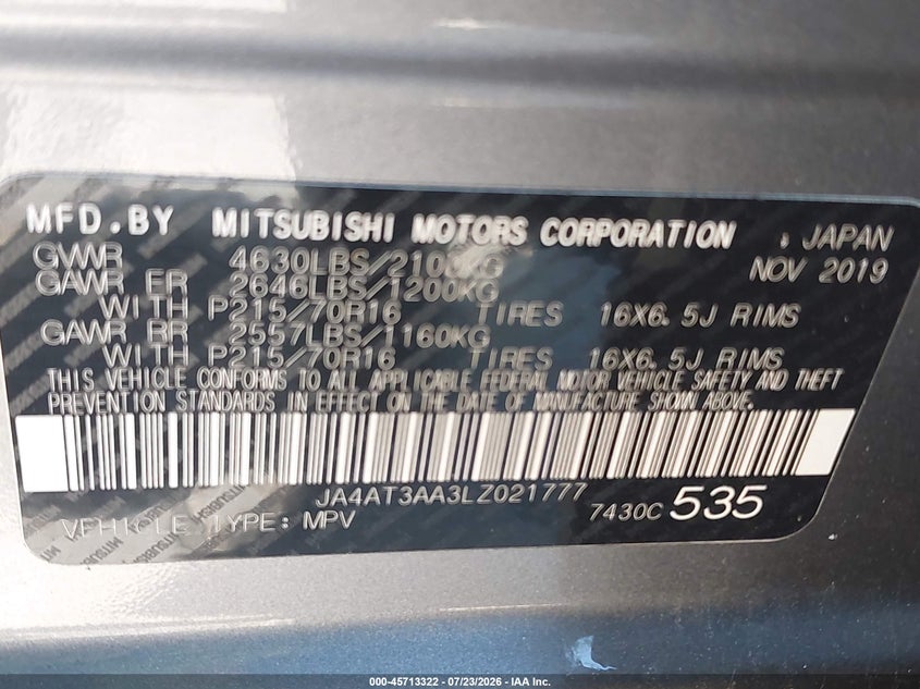 2020 Mitsubishi ECLIPSE VIN JA4AT3AA3LZ021777 IAAI salvage auction — LEFT FRONT, Clear (Florida), sold $550 on 2026-07-29 (photo 9)