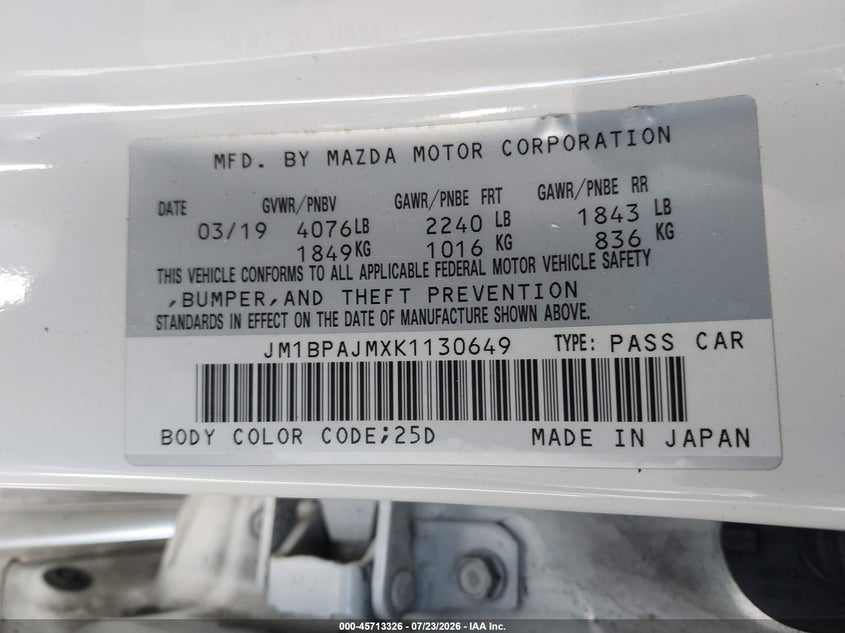 2019 Mazda 3 VIN JM1BPAJMXK1130649 IAAI salvage auction — NORMAL WEAR, Clear (California), sold $3,150 on 2026-07-30 (photo 9)