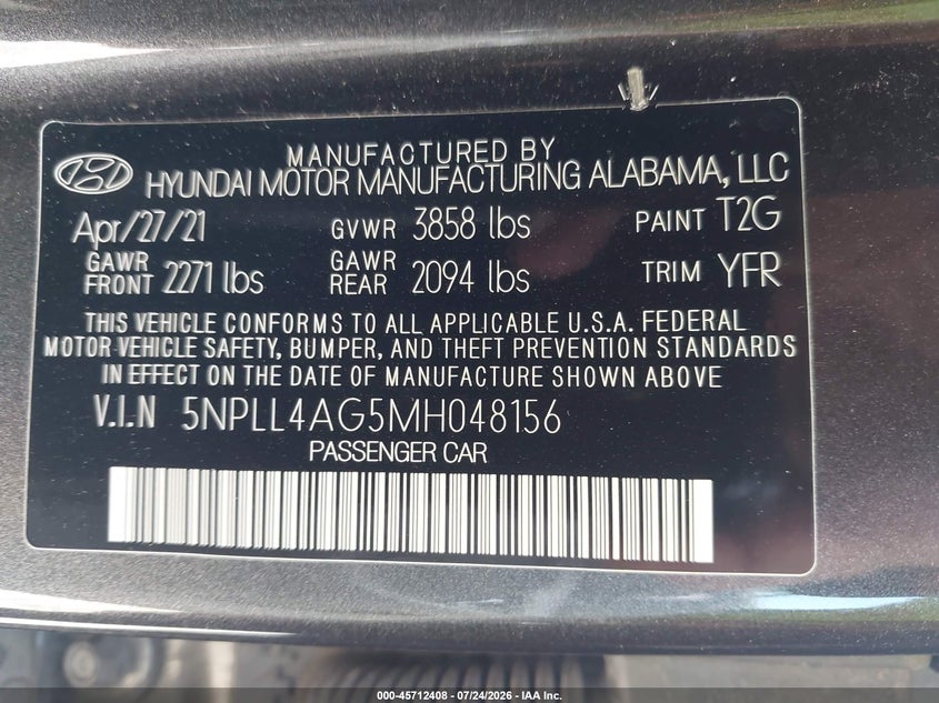 2021 Hyundai Elantra VIN 5NPLL4AG5MH048156 IAAI salvage auction — SIDE, SF97 (California), sold $9,200 on 2026-08-25 (photo 9)