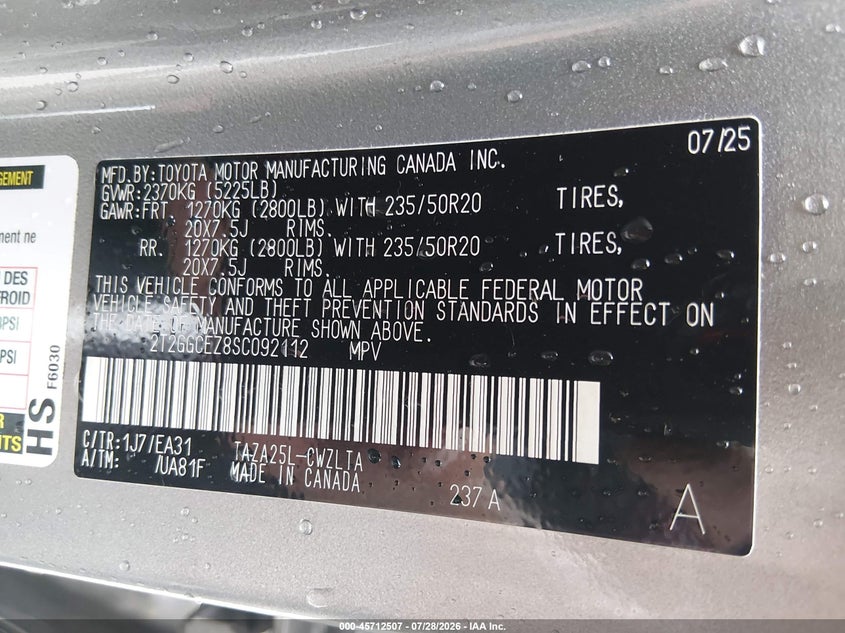 2025 Lexus Nx VIN 2T2GGCEZ8SC092112 IAAI salvage auction — WATER/FLOOD, Salvage Title, sold $23,800 on 2026-09-15 (photo 8)