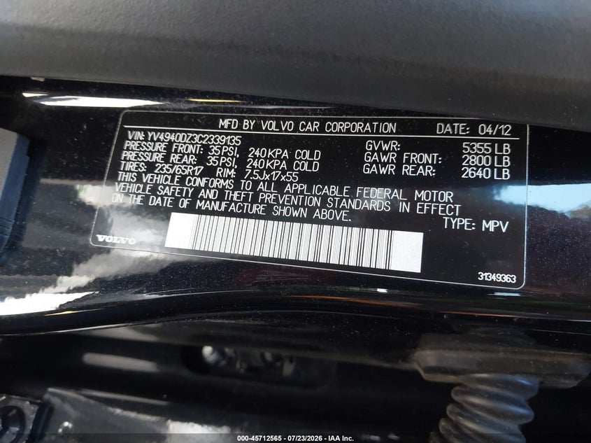 2012 Volvo Xc60 VIN YV4940DZ3C2339135 IAAI salvage auction — REAR END, Wait Title, sold $2,000 on 2026-10-09 (photo 9)