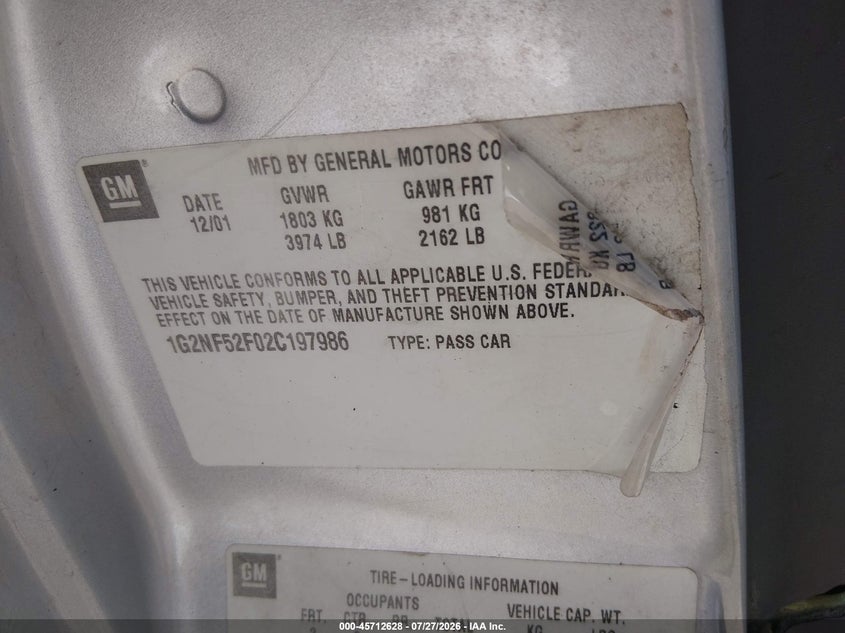 2002 Pontiac Grand am VIN 1G2NF52F02C197986 IAAI salvage auction — REAR END, Salvage (Louisiana), sold $175 on 2026-08-02 (photo 9)