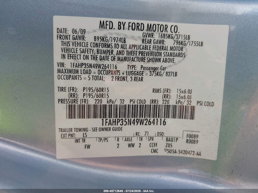 2009 Ford Focus VIN 1FAHP35N49W264116 IAAI salvage auction — SIDE, Salvage (California), sold $375 on 2026-07-29 (photo 9)