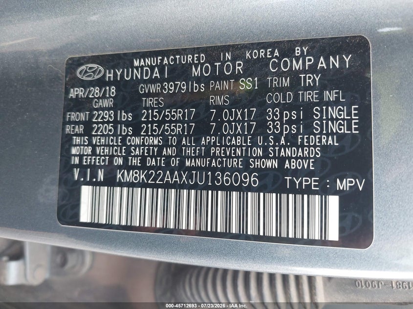 2018 Hyundai Kona VIN KM8K22AAXJU136096 IAAI salvage auction — NORMAL WEAR, Clear - Public Restricted (Oklahoma), sold $25 on 2026-07-28 (photo 9)