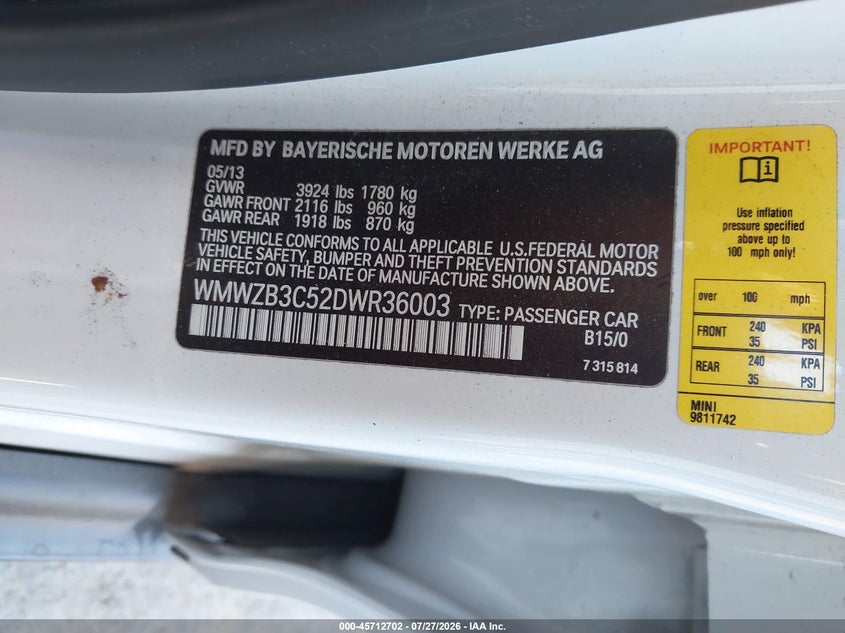 2013 Mini Countryman VIN WMWZB3C52DWR36003 IAAI salvage auction — REAR END, Salvage (California), sold $1,550 on 2026-08-03 (photo 9)