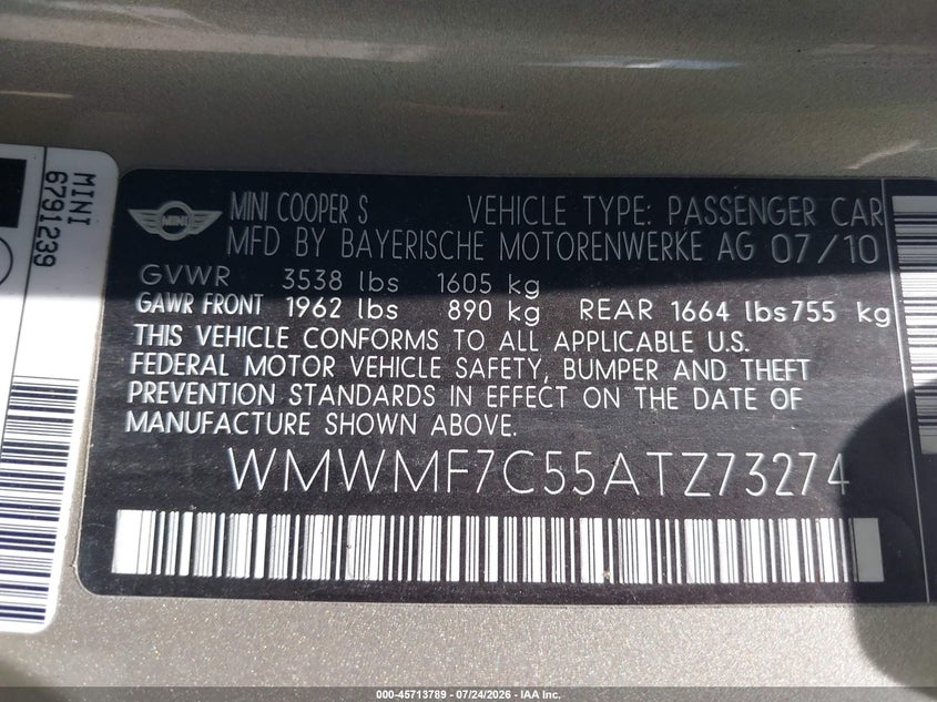 2010 Mini Cooper VIN WMWMF7C55ATZ73274 IAAI salvage auction — NORMAL WEAR, Clear (Maryland), sold $550 on 2026-08-06 (photo 9)