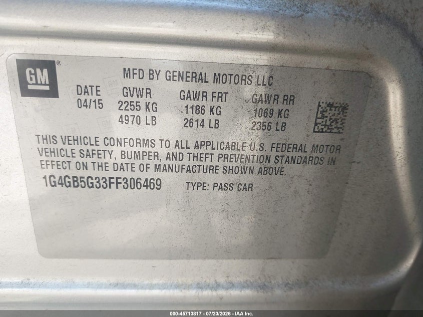 2015 Buick Lacrosse VIN 1G4GB5G33FF306469 IAAI salvage auction — NORMAL WEAR, Clear (Maryland), sold $1,250 on 2026-08-20 (photo 9)