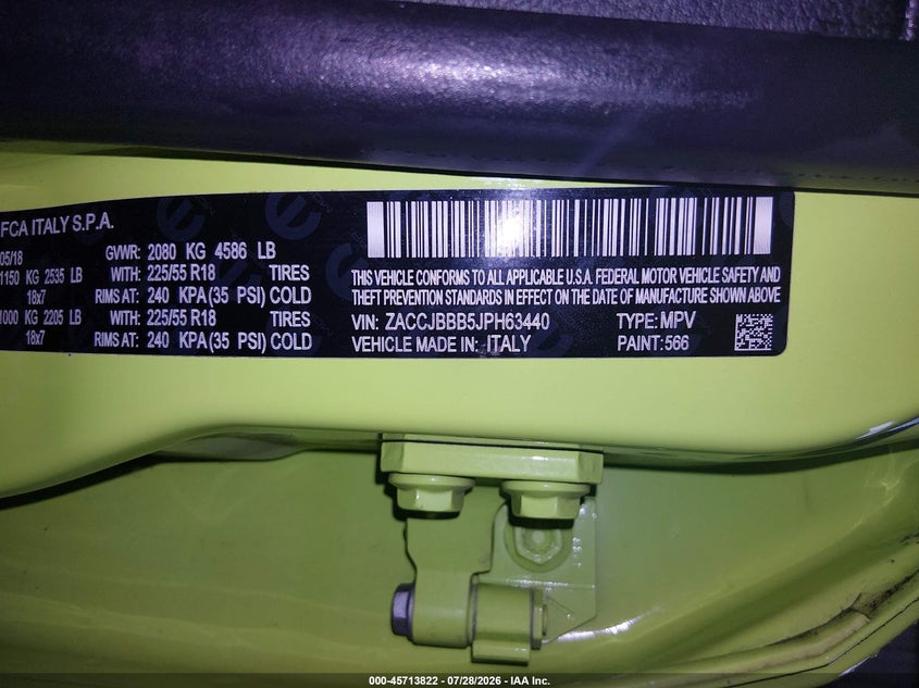 2018 Jeep Renegade VIN ZACCJBBB5JPH63440 IAAI salvage auction — RIGHT FRONT, Salvage Title, sold $2,200 on 2026-08-19 (photo 9)