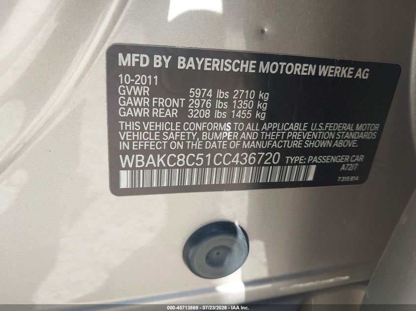 2012 BMW 7er VIN WBAKC8C51CC436720 IAAI salvage auction — SUSPENSION, Salvage (Pennsylvania), sold $600 on 2026-07-31 (photo 9)