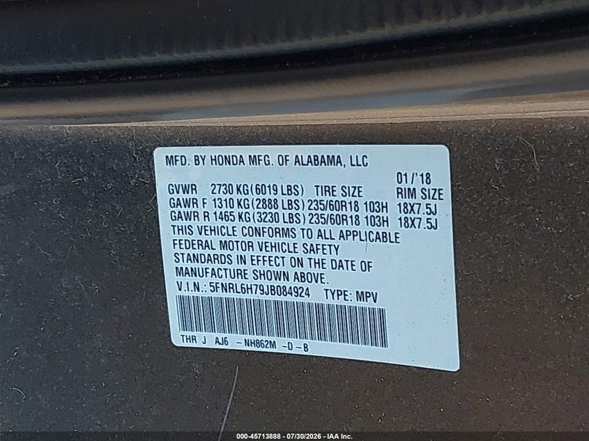 2018 Honda Odyssey VIN 5FNRL6H79JB084924 IAAI salvage auction — REAR END, Salvage Title, sold $9,300 on 2026-10-16 (photo 9)