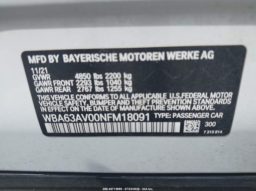 2022 BMW 4er VIN WBA63AV00NFM18091 IAAI salvage auction — SIDE, Wait Title, sold $12,600 on 2026-08-18 (photo 9)
