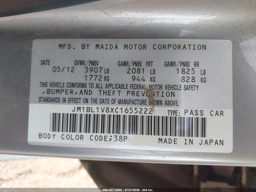 2012 Mazda 3 VIN JM1BL1V8XC1655222 IAAI salvage auction — NORMAL WEAR, Clear (New York), sold $75 on 2026-07-30 (photo 9)