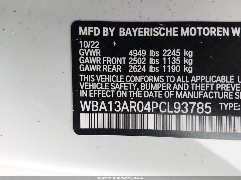 2023 BMW 4er VIN WBA13AR04PCL93785 IAAI salvage auction — LEFT FRONT, Salvage Title, sold $26,450 on 2026-09-09 (photo 9)