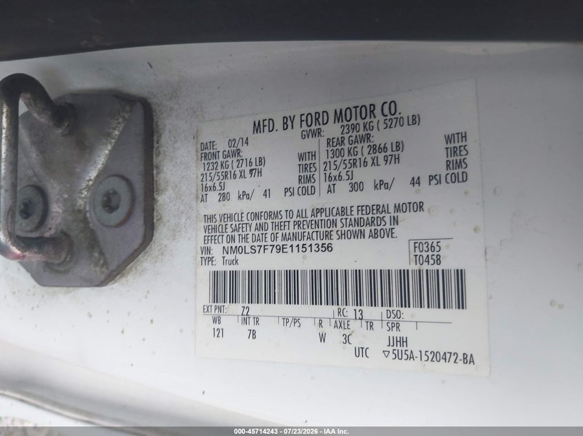 2014 Ford Transit VIN NM0LS7F79E1151356 IAAI salvage auction — SIDE, Original (Vermont), sold $525 on 2026-07-28 (photo 9)