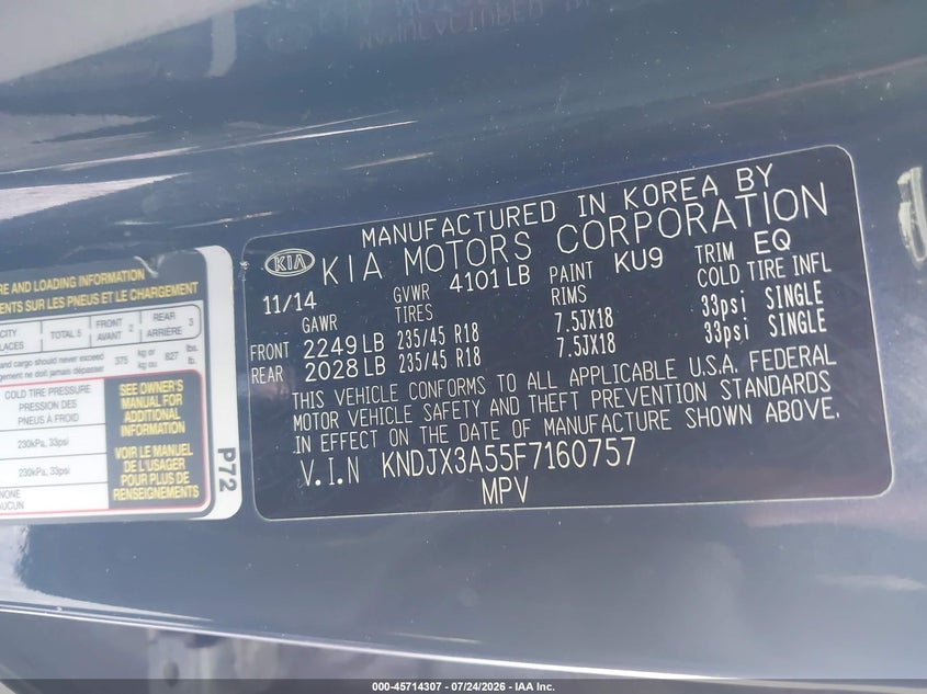 2015 Kia Soul VIN KNDJX3A55F7160757 IAAI salvage auction — NORMAL WEAR, Clear (Delaware), sold $425 on 2026-07-30 (photo 9)