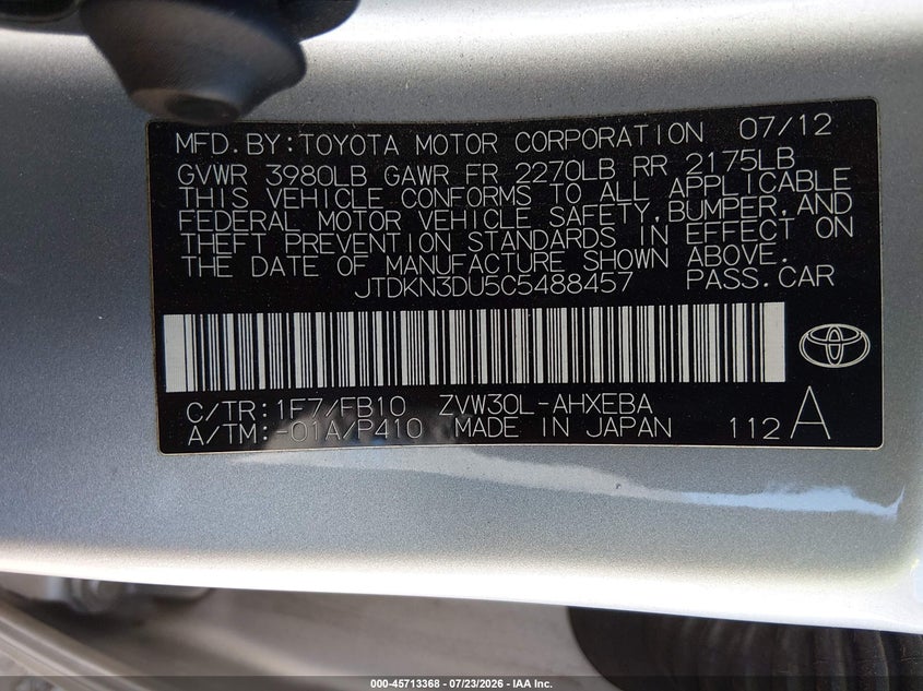 2012 Toyota Prius VIN JTDKN3DU5C5488457 IAAI salvage auction — NORMAL WEAR, Clear-Dealer Only (Washington), sold $725 on 2026-07-28 (photo 9)