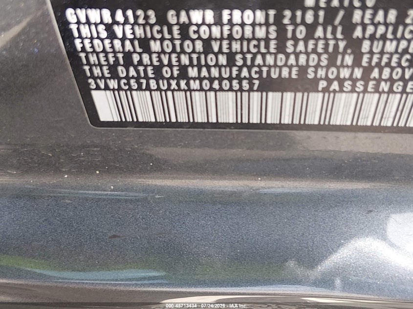 2019 Volkswagen Jetta VIN 3VWC57BUXKM040557 IAAI salvage auction — FRONT END, Salvage (Texas), sold $2,250 on 2026-08-20 (photo 9)