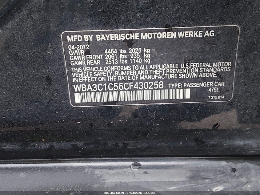2012 BMW 3 series VIN WBA3C1C56CF430258 IAAI salvage auction — NORMAL WEAR, Original (Texas), sold $475 on 2026-08-17 (photo 9)