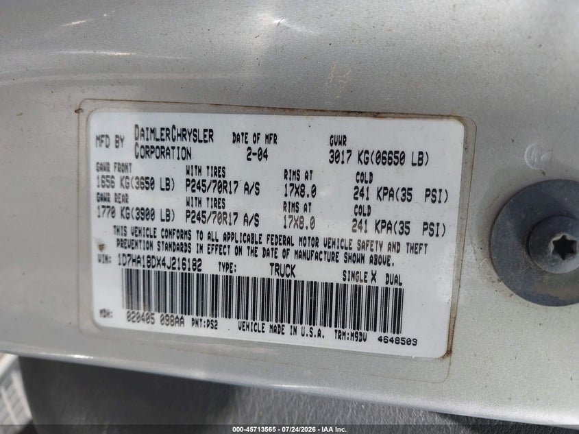2004 Dodge Ram 1500 VIN 1D7HA18DX4J216182 IAAI salvage auction — NORMAL WEAR, Original (Texas), sold $1,000 on 2026-08-23 (photo 9)