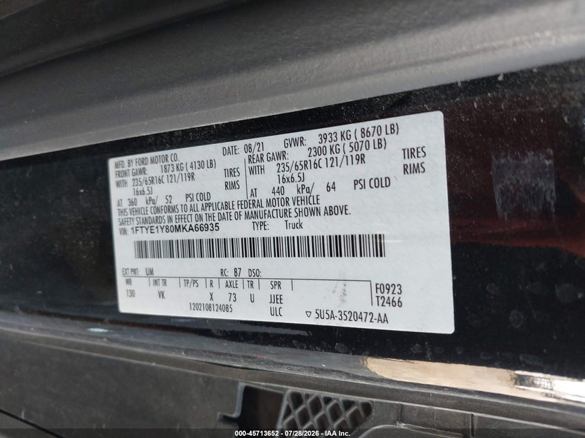 2021 Ford Transit 150 VIN 1FTYE1Y80MKA66935 IAAI salvage auction — LEFT SIDE, Clear (Mississippi), sold $11,050 on 2026-08-19 (photo 9)