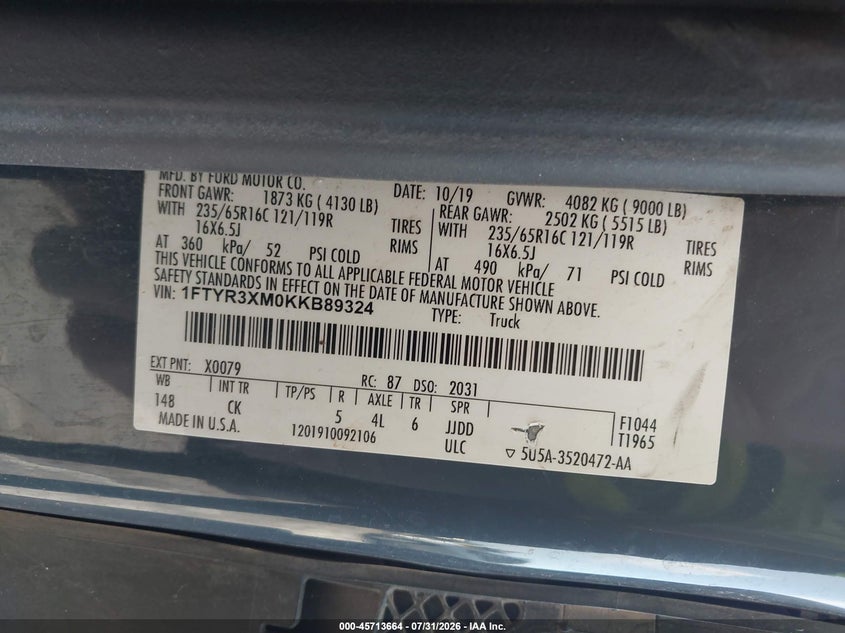 2019 Ford Transit-250 VIN 1FTYR3XM0KKB89324 IAAI salvage auction — ALL OVER, Clear (Georgia), sold $7,700 on 2026-08-12 (photo 9)