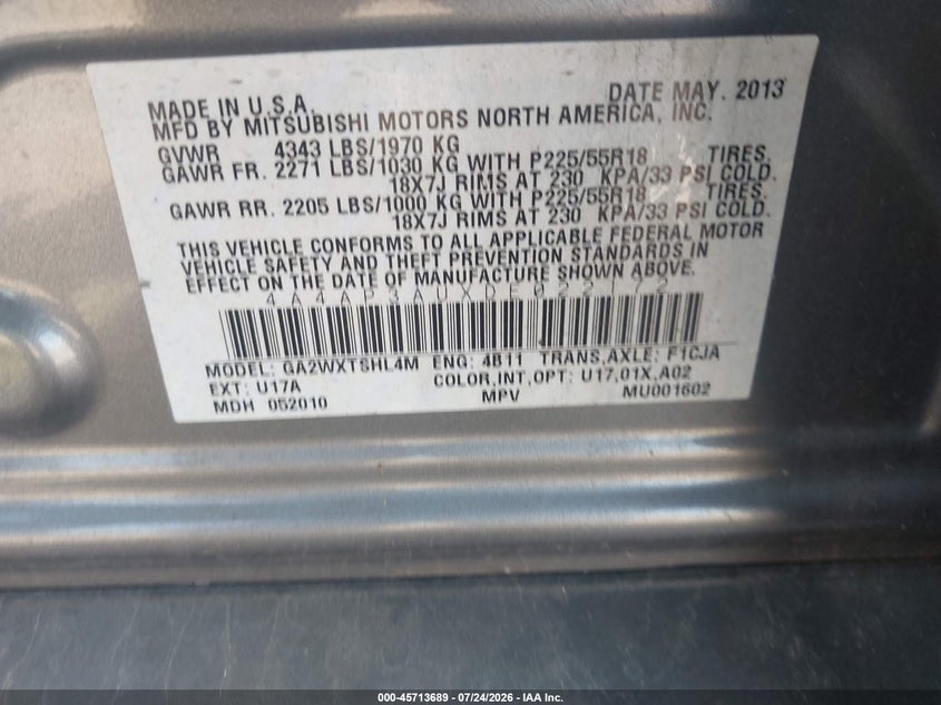 2013 Mitsubishi Outlander VIN 4A4AP3AUXDE022172 IAAI salvage auction — RIGHT FRONT, Salvage Title, sold $875 on 2026-08-03 (photo 9)