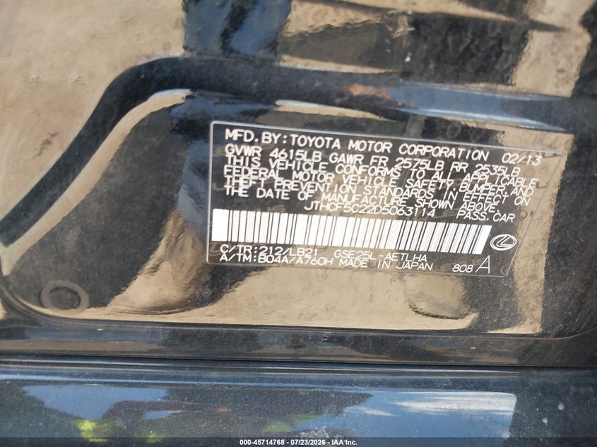 2013 Lexus Is VIN JTHCF5C22D5063114 IAAI salvage auction — RIGHT SIDE, Clear (Indiana), sold $1,250 on 2026-09-10 (photo 9)