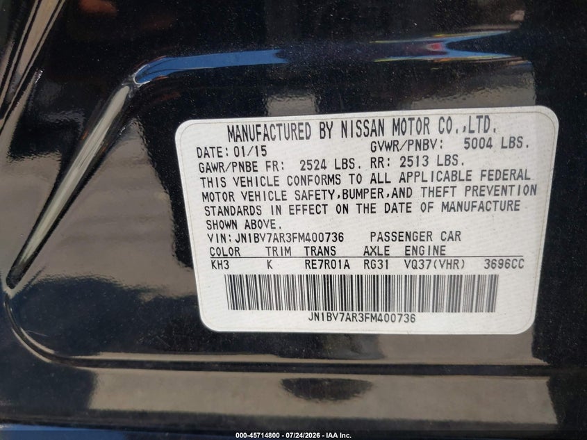 2015 Infiniti Q50 VIN JN1BV7AR3FM400736 IAAI salvage auction — REAR END, Salvage Title, sold $975 on 2026-08-29 (photo 9)