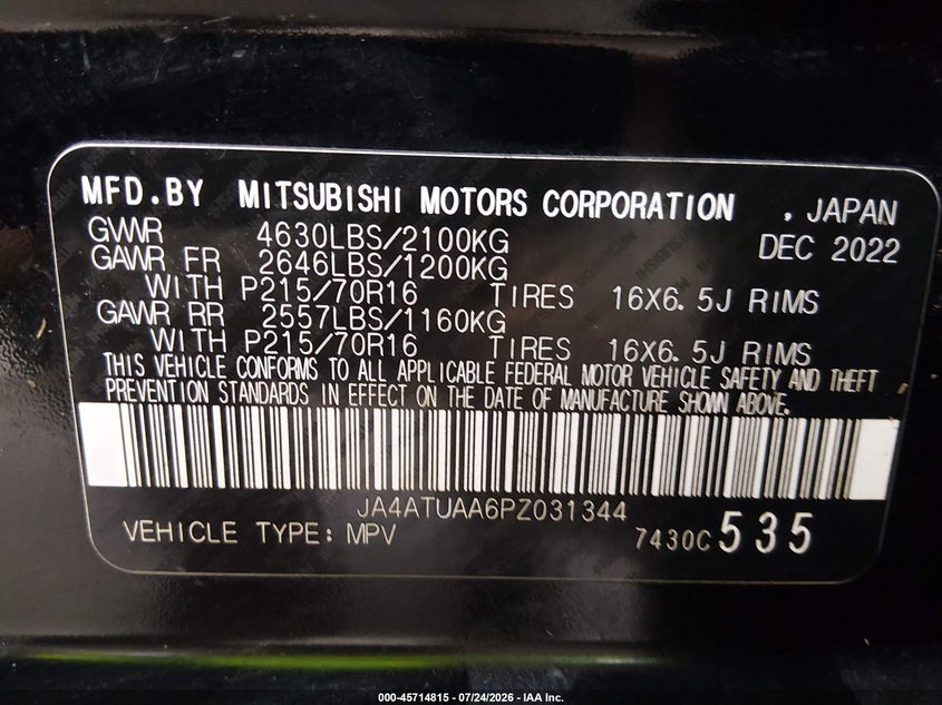 2023 Mitsubishi Eclipse cross VIN JA4ATUAA6PZ031344 IAAI salvage auction — WATER/FLOOD, Salvage Title, sold $6,900 on 2026-09-25 (photo 9)