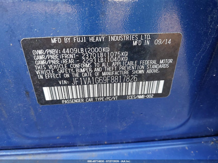 2015 Subaru Wrx VIN JF1VA1G69F8817826 IAAI salvage auction — NORMAL WEAR, Clear (Virginia), sold $5,400 on 2026-08-01 (photo 9)