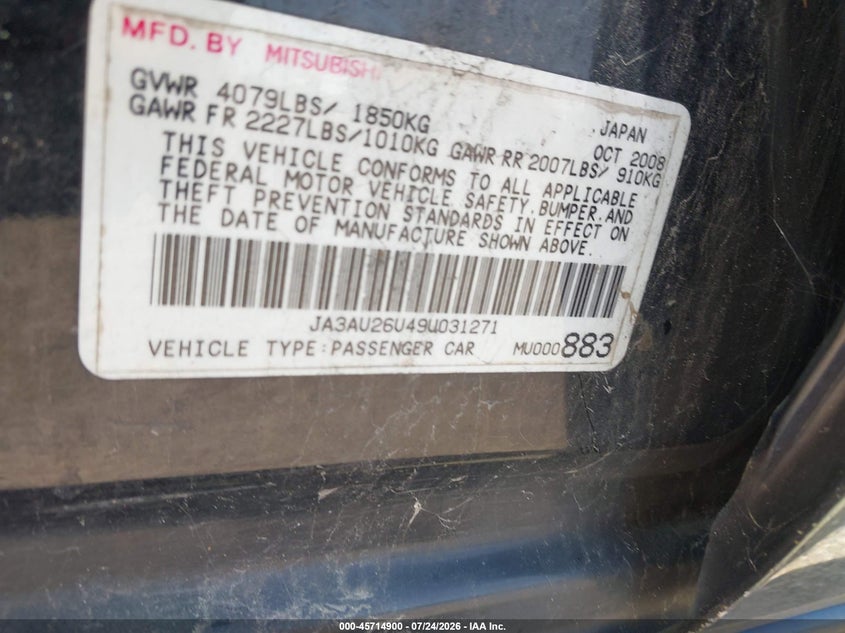 2009 Mitsubishi Lancer VIN JA3AU26U49U031271 IAAI salvage auction — FRONT END, Original (Texas), sold $325 on 2026-08-21 (photo 9)