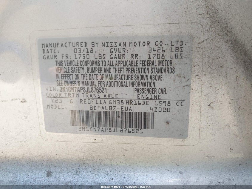 2018 Nissan Versa VIN 3N1CN7AP8JL876521 IAAI salvage auction — NORMAL WEAR, Clear - Dealer Only (California), sold $1,775 on 2026-08-01 (photo 9)