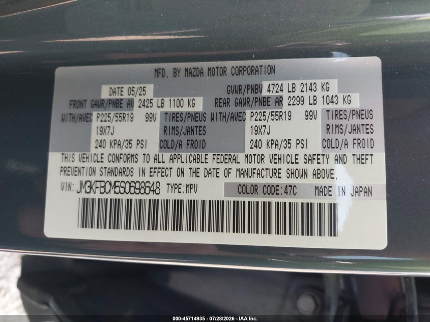 2025 Mazda Cx-5 VIN JM3KFBCM5S0698648 IAAI salvage auction — FRONT END, Enterprise Vehicles Clear Only (Idaho), sold $12,525 on 2026-07-30 (photo 9)
