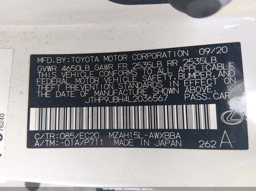 2020 Lexus Ux VIN JTHP9JBH4L2036567 IAAI salvage auction — RIGHT FRONT, Salvage (Arkansas), sold $13,250 on 2026-09-04 (photo 9)