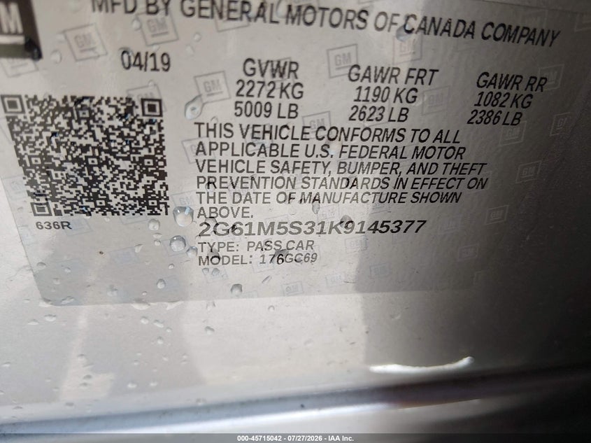 2019 Cadillac Xts VIN 2G61M5S31K9145377 IAAI salvage auction — FRESH WATER, Salvage (Kansas), sold $2,800 on 2026-08-23 (photo 9)