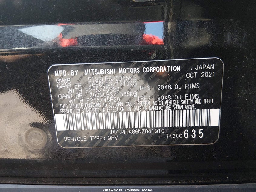 2022 Mitsubishi Outlander VIN JA4J4TA86NZ041910 IAAI salvage auction — FRONT END, Wait Title, sold $9,800 on 2026-08-20 (photo 9)