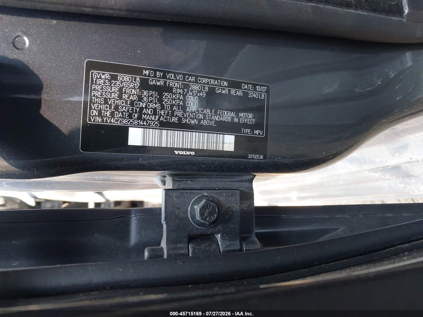 2008 Volvo Xc90 VIN YV4CZ982581447925 IAAI salvage auction — UNKNOWN, Bill Of Sale (New York), sold $425 on 2026-08-11 (photo 9)