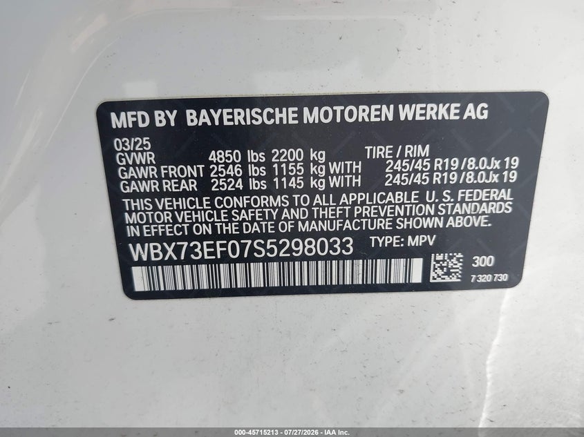 2025 BMW X1 VIN WBX73EF07S5298033 IAAI salvage auction — FRONT END, Wait Title, sold $16,900 on 2026-08-20 (photo 9)
