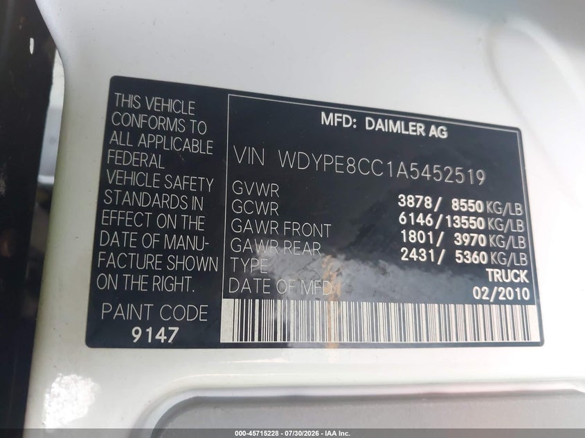 2010 Freightliner Sprinter 2500 VIN WDYPE8CC1A5452519 IAAI salvage auction — NORMAL WEAR, Repossession Paperwork (Georgia), sold $550 on 2026-08-19 (photo 9)