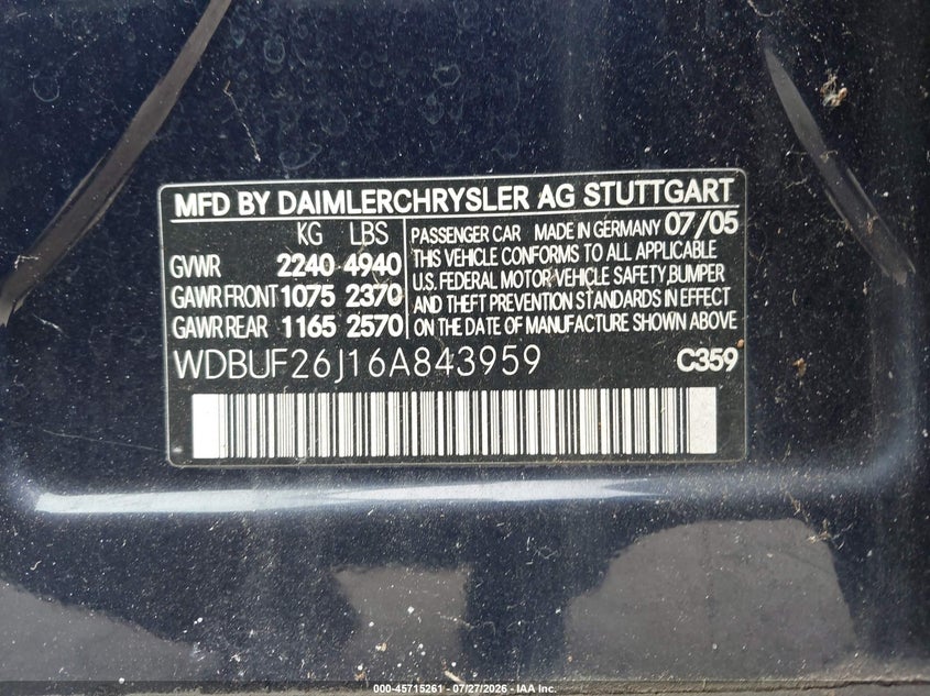 2006 Mercedes-benz E-class VIN WDBUF26J16A843959 IAAI salvage auction — NORMAL WEAR, Clear (Florida), sold $400 on 2026-08-26 (photo 9)