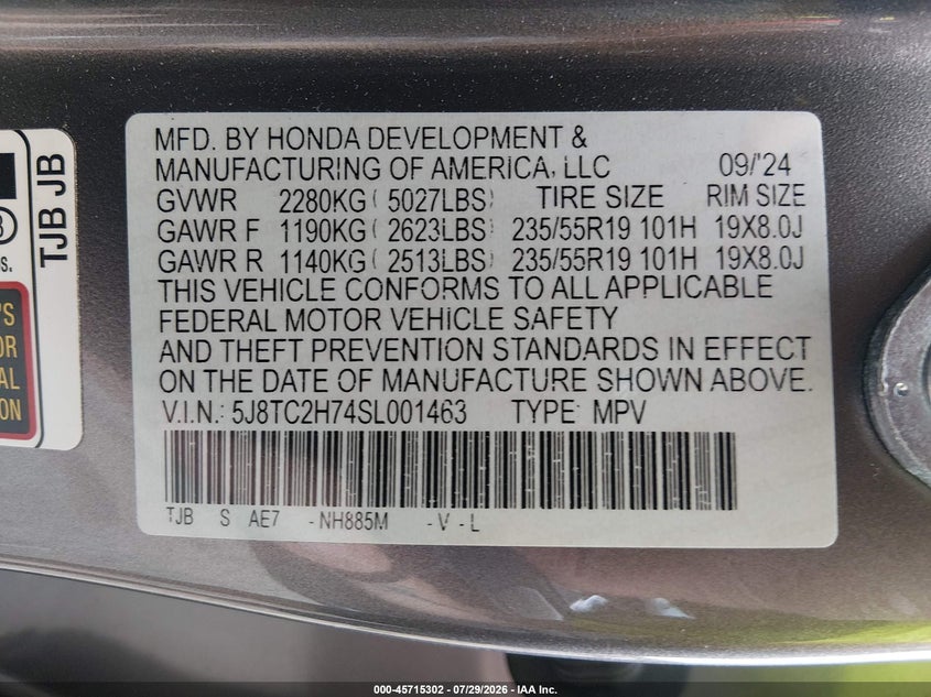 2025 Acura RDX VIN 5J8TC2H74SL001463 IAAI salvage auction — RIGHT FRONT, Wait Title, sold $16,200 on 2026-10-01 (photo 9)
