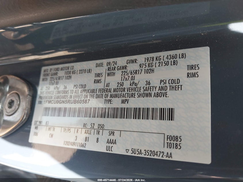 2024 Ford Escape VIN 1FMCU0GN5RUB60587 IAAI salvage auction — SIDE, Original (Texas), sold $7,300 on 2026-10-14 (photo 9)