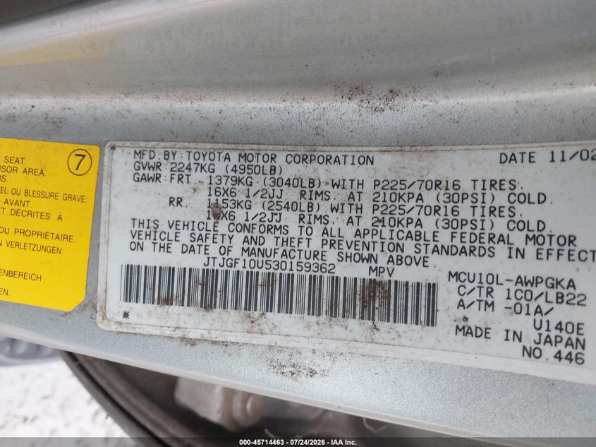 2003 Lexus Rx 300 VIN JTJGF10U530159362 IAAI salvage auction — NORMAL WEAR, Clear (North Carolina), sold $625 on 2026-07-31 (photo 9)