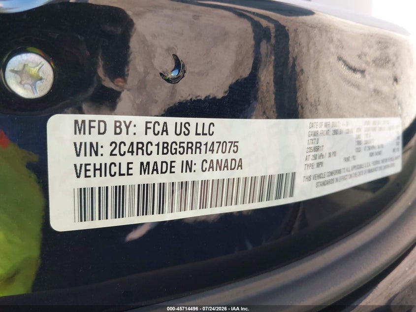 2024 Chrysler Pacifica VIN 2C4RC1BG5RR147075 IAAI salvage auction — HAIL, Regular (Nevada), sold $15,100 on 2026-08-19 (photo 9)