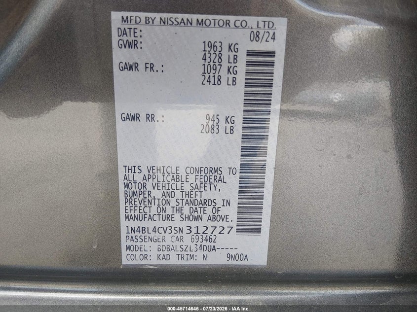 2025 Nissan Altima VIN 1N4BL4CV3SN312727 IAAI salvage auction — REAR END, Enterprise Vehicles Clear Only (District Of Columbia), sold $11,200 on 2026-07-28 (photo 9)