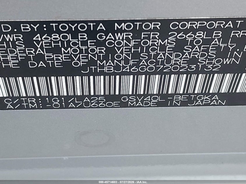 2007 Lexus Es 350 VIN JTHBJ46G072023132 IAAI salvage auction — NORMAL WEAR, Clear (New York), sold $900 on 2026-09-12 (photo 9)