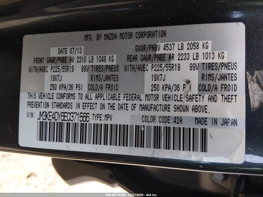 2014 Mazda Cx-5 VIN JM3KE4DY6E0371566 IAAI salvage auction — RIGHT FRONT, Salvage Title, sold $1,600 on 2026-08-22 (photo 9)